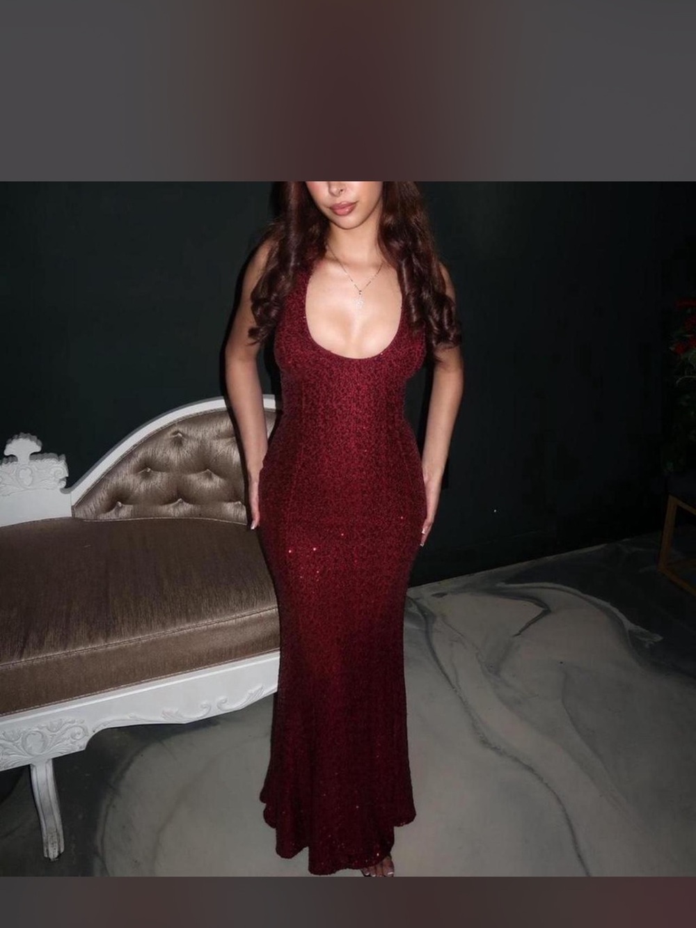 Sequin Scoop Neck Maxi Dress in Deep Burgundy